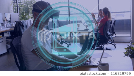 Image of cyber security text data processing over diverse business people in office 116819799