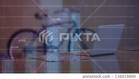 Image of statistical data processing against view of equipment on desk and bicycle at office Image of statistical data processing against view of equipment on desk and bicycle at office 116819800