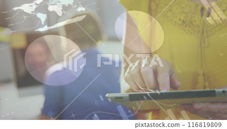 Image of infographic interface over midsection of caucasian woman using digital tablet 116819809