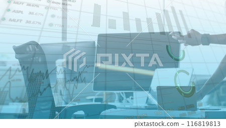 Image of stock market data processing over mid section of woman using digital tablet at office 116819813