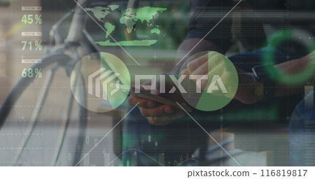 Image of statistical data processing over mid section of man using a smartphone on the street 116819817