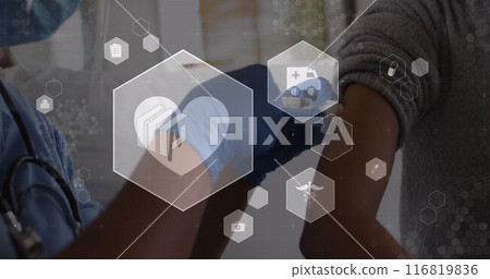 Image of digital icons data processing over caucasian male doctor vaccinating woman 116819836