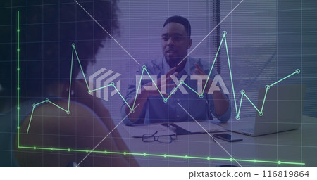 Image of graph and grid pattern over diverse coworkers discussing reports on laptop in office 116819864