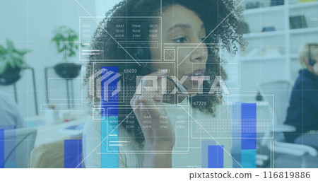 Image of graphs, loading bars and circles, biracial call center agent female guiding customer Image of graphs, loading bars and circles, biracial call center agent female guiding customer 116819886