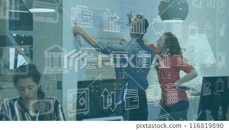 Image of multiple icons over diverse architects analyzing blueprint in office Image of multiple icons over diverse architects analyzing blueprint in office 116819890