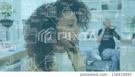 Image of graphs, loading bars and circles, biracial call center agent female guiding customer 116819891