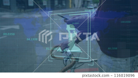 Image of digital profile picture, numbers and map over caucasian man on bicycle using cellphone 116819896