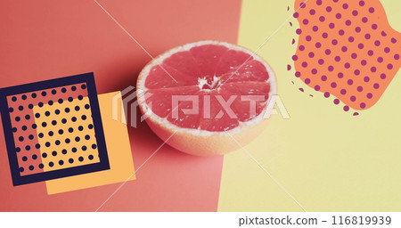 Image of abstract shapes over halved grapefruit on yellow and red background Image of abstract shapes over halved grapefruit on yellow and red background 116819939
