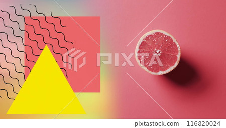 Composition of halved grapefruit and abstract shapes on red background 116820024