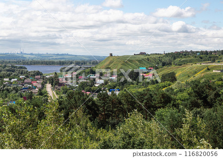 The tower of an ancient Bulgarian fortress on a high cliff on the banks of the Kama River, Elabuga, Tatarstan, Russian Federation 116820056