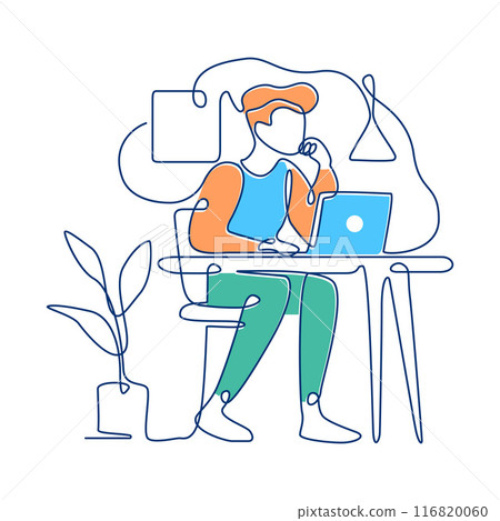 Businessman Sitting Working in Workspace Using Laptop Filled Continuous Line Art Vector Businessman Sitting Working in Workspace Using Laptop Filled Continuous Line Art Vector 116820060