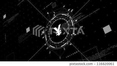 Image of network with data processing and yen signs over black background Image of network with data processing and yen signs over black background 116820061