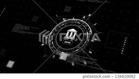 Image of network with data processing and bank signs over black background 116820062