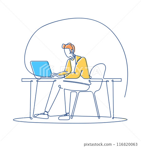 Businessman Sitting Working in Workspace Using Laptop Filled Continuous Line Art Vector Businessman Sitting Working in Workspace Using Laptop Filled Continuous Line Art Vector 116820063