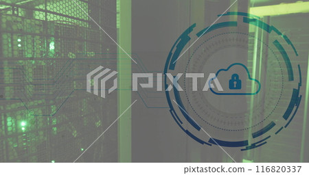 Image of scope scanning with cloud and padlock icon over server room 116820337
