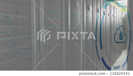 Image of scope scanning with cloud and padlock icon over server room 116820341