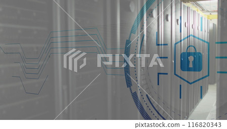 Image of scope scanning with padlock icon over server room 116820343