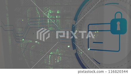 Image of scope scanning with padlock icon over server room Image of scope scanning with padlock icon over server room 116820344