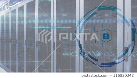 Image of scope scanning with padlock icon over server room Image of scope scanning with padlock icon over server room 116820348