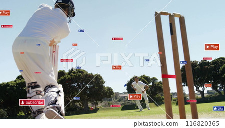 Image of digital data processing over diverse cricketers on field 116820365