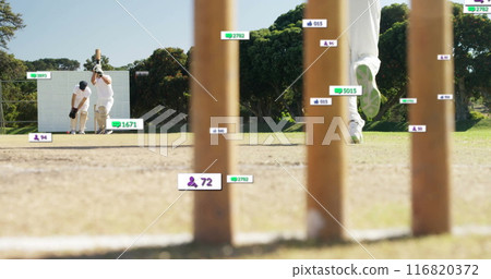 Image of digital data processing over diverse cricketers on field 116820372