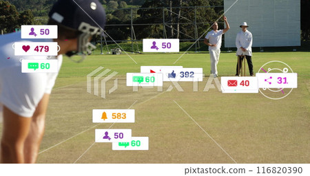 Image of digital data processing over diverse cricketers on field Image of digital data processing over diverse cricketers on field 116820390