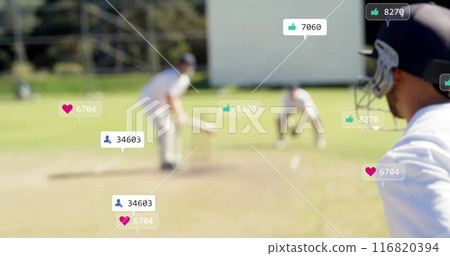 Image of digital data processing over diverse cricketers on field Image of digital data processing over diverse cricketers on field 116820394