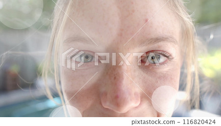 Image of light spots over portrait close up of happy caucasian teenage girl in garden Image of light spots over portrait close up of happy caucasian teenage girl in garden 116820424