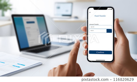 Smartphone screen showing mobile banking app interface Focusing on the money transfer page 116820629