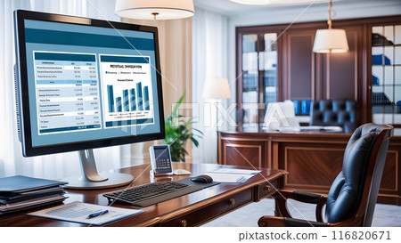 Administrative office with a large monitor, showing a detailed financial of income and expenditure 116820671