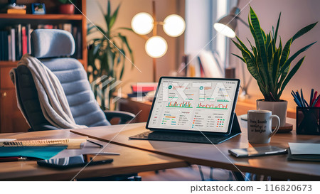 Modern office interior There is a wooden table with financial reports 116820673