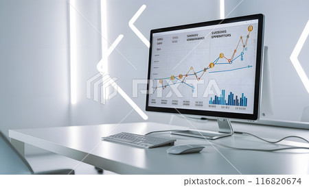 workspace with computer monitor showing financial graphics of income and expenses 116820674