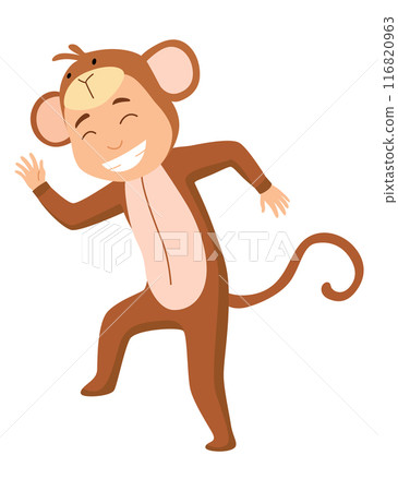 Children animal costume. Colorful animal wearing suit for party monkey. Isolated flat vector design Children animal costume. Colorful animal wearing suit for party monkey. Isolated flat vector design 116820963