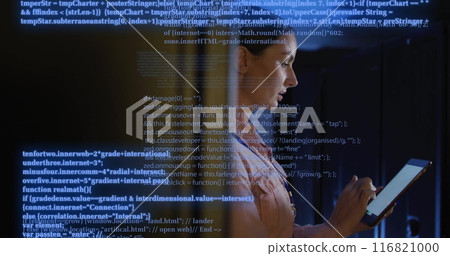 Image of circuit board and data processing over caucasian female it engineer by computer servers 116821000
