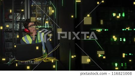 Image of circuit board and data processing over asian male it engineer by computer servers Image of circuit board and data processing over asian male it engineer by computer servers 116821008