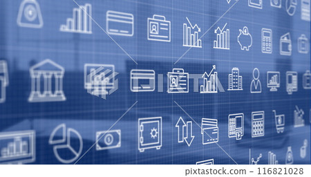 Image of icons and data processing over work station in office 116821028