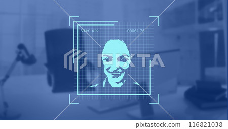 Image of biometric photos and data processing over work station in office 116821038