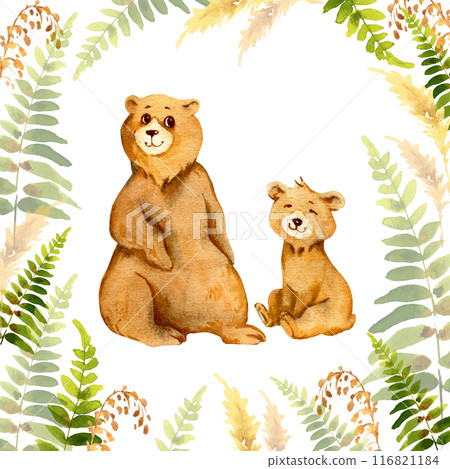 watercolor family of brown bear against forest herbs and plants, sketch of cartoon adult mother bear and sitting and smiling little bear cub and fern's leaves and leaf plant, funny illustration 116821184