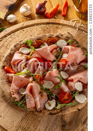 Appetizing homemade pizza with mortadella 116821533