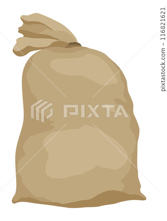 Burlap farmer bag with flour, rice or salt. Agricultural product. Farm production in brown textile bale, closed sack with product inside. Cartoon vector icon Burlap farmer bag with flour, rice or salt. Agricultural product. Farm production in brown textile bale, closed sack with product inside. Cartoon vector icon 116821621