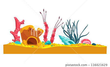 Aquarium decoration, different colorful algae, shells and sand. Underwater life scene. Beautiful vector glass aquarium accessories set in flat style on white 116821629