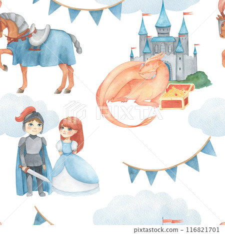 Seamless pattern with watercolor illustration of a flags in red and blue and castle, knight or prince, horse, dragon, clouds, pile of treasures, princess. For children's room wallpaper 116821701