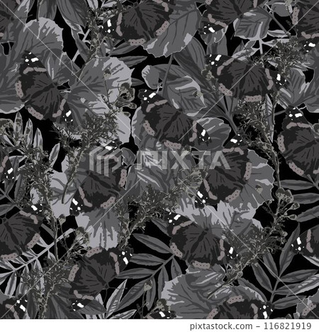 Gray dark camouflage seamless pattern with lush foliage, leaves, butterfly. Wild nature. For apparel, fabric, textile, sport goods design. Gray dark camouflage seamless pattern with lush foliage, leaves, butterfly. Wild nature. For apparel, fabric, textile, sport goods design. 116821919