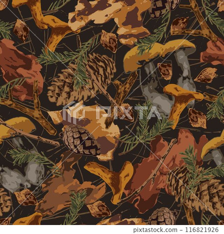 Seamless camouflage pattern with forest litter, nature elements. Dry sticks, cones, pine needles, bark pieces. Wild nature. For apparel, fabric, textile, sport goods. 116821926