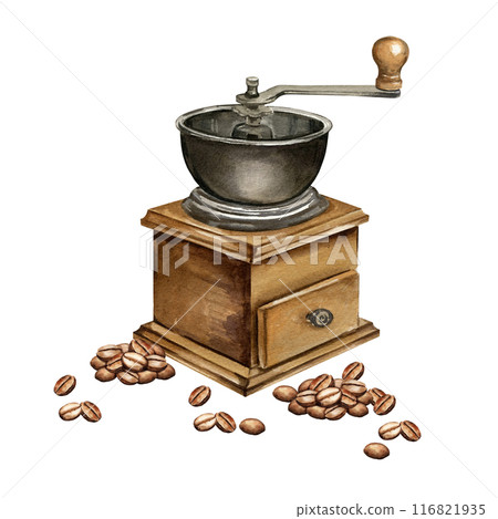 watercolor manual coffee grinder and roasted coffee beans, hand drawn illustration of retro style kitchen utensils, wooden coffee grinder, sketch for menu isolated on white background watercolor manual coffee grinder and roasted coffee beans, hand drawn illustration of retro style kitchen utensils, wooden coffee grinder, sketch for menu isolated on white background 116821935