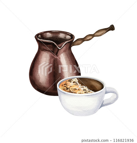 watercolor composition of coffee theme with ceramic coffee maker, dzhezva, Turkish coffee pot, cup of espresso, hand drawn illustration isolated on white background, for cafe decoration 116821936