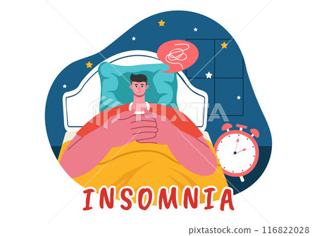 Insomnia Vector Illustration Featuring Young People Unable to Sleep, Lying Awake and Thinking with Eyes Open at Night in a Bedroom in Flat Cartoon Insomnia Vector Illustration Featuring Young People Unable to Sleep, Lying Awake and Thinking with Eyes Open at Night in a Bedroom in Flat Cartoon 116822028