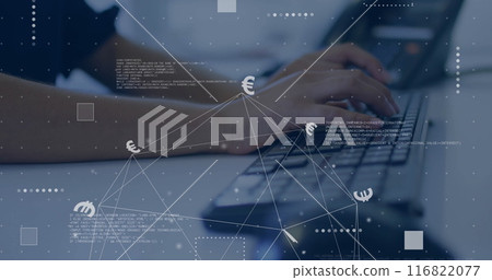 Image of currency signs, network and data processing over caucasian woman using laptop Image of currency signs, network and data processing over caucasian woman using laptop 116822077