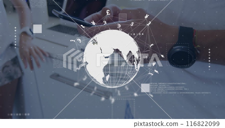 Image of currency signs, network and data processing over caucasian man using smartphone Image of currency signs, network and data processing over caucasian man using smartphone 116822099