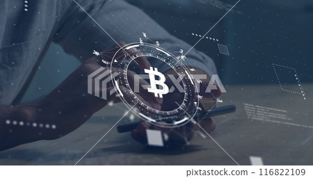 Image of bitcoin sign, network and data processing over caucasian man using smartphone Image of bitcoin sign, network and data processing over caucasian man using smartphone 116822109